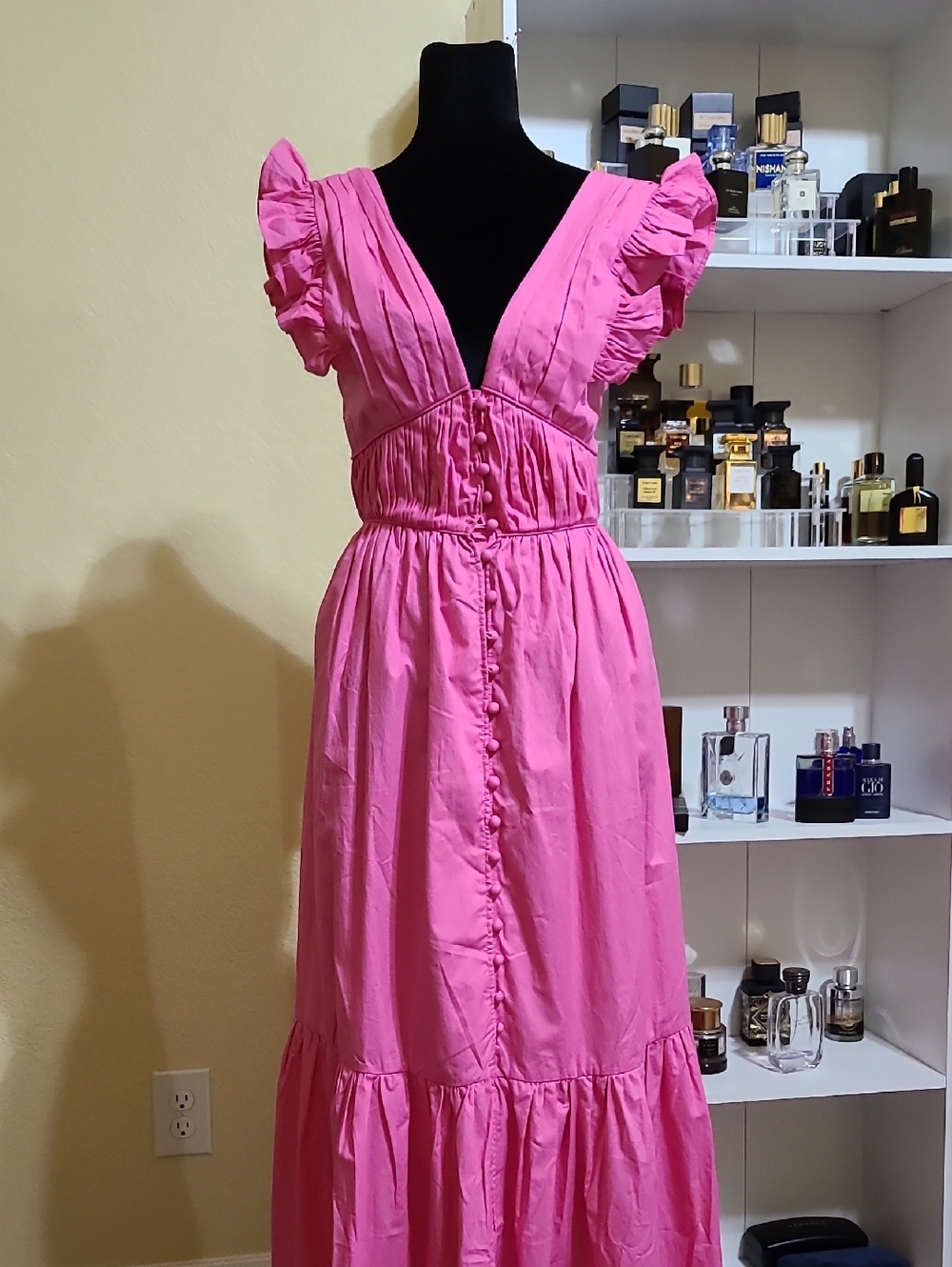 O.p.t Bright Pink Ruffle Sleeve Midi Dress Size XS